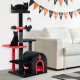 Gothic cat tree with black and red design, featuring a spacious condo, top perch, and interactive toys for playful cats.