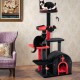 Gothic cat tree with a black and red design featuring a top perch, hideaway condo, and interactive toys for playful.