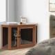 Corner dog kennel in brown with mesh door, cushion, and lockable access, perfect for pets in any corner space.