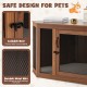 Corner dog kennel in brown with lockable mesh door, chew-resistant metal wire, and cushion for pet comfort.