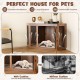Corner dog kennel in brown with mesh door and cushion, designed for comfort and ventilation, ideal for pets.