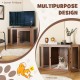 Corner dog kennel with mesh door and cushion, brown, ideal for pets, fits in corners, and features a durable design.