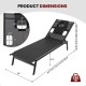 Adjustable black patio sunbathing lounge chair with headrest, showcasing product dimensions and sturdy metal frame.