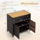 Dimensions of the brown rattan storage cabinet with acacia wood countertop, ideal for poolside and patio use.