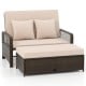 Patio adjustable wicker daybed with beige cushions, featuring a versatile ottoman for storage and multiple seating.