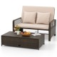 Patio adjustable wicker loveseat with beige cushions and versatile ottoman, perfect for backyard relaxation.
