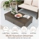 Multi-function ottoman in beige PE rattan, serving as a storage box and extra seat for versatile outdoor use.