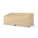 Patio furniture cover in beige, 77 x 43 x 30 inches, with padded handles and click-close straps for outdoor protection.