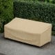 Patio furniture cover in beige, 77 x 43 x 30 inches, featuring padded handles and click-close straps for secure.