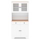 White pantry cabinet featuring two removable shelves, glass doors, and two drawers for organized storage in any room.