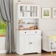 Pantry cabinet with white finish, featuring glass doors, two removable shelves, and two drawers for organized storage.