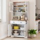 Pantry cabinet with white finish, glass doors, and two removable shelves, perfect for kitchen storage and organization.
