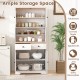 Pantry cabinet in white with glass doors, two removable shelves, and drawers for organized kitchen storage.