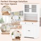 Pantry cabinet in white with glass doors, two removable shelves, and two drawers for versatile storage in any room.