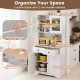 Pantry cabinet with glass doors and two removable shelves, featuring a spacious counter and two deep drawers for.