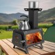 Portable wood camping stove heater with heat-resistant glass, dual cooking positions, and sturdy carbon steel design.
