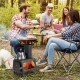 Portable wood camping stove heater with cooking positions, featuring a heat-resistant window and sturdy carbon steel.