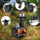 Portable wood camping stove heater with heat-resistant window, removable cover, and stable legs for outdoor cooking.
