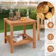 Acacia wood side table with slatted tabletop and storage shelf, ideal for patio or indoor use, showcasing durability.