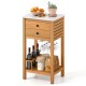 Acacia wood patio buffet cabinet with faux marble countertop, featuring two drawers and wine glass storage for outdoor.