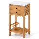 Acacia wood storage cabinet with faux marble countertop, featuring two drawers and wine holders for patio organization.