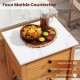 Faux marble countertop on acacia wood storage cabinet, featuring snacks and beverages, ideal for patio or backyard use.