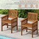 Close-up view of the solid wood patio chair's slatted seat and armrests, highlighting its natural texture and.
