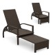Patio chaise lounge with retractable ottoman, durable wicker surface, adjustable backrest for backyard relaxation.