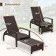 Patio chaise lounge with adjustable backrest and retractable ottoman, featuring durable rattan for outdoor relaxation.