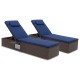 Patio chaise lounge set of 2 with navy cushions, adjustable backrest, and woven rattan surface for outdoor relaxation.