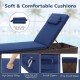 Navy chaise lounge cushion with detachable headrest, featuring smooth zippers and fixing ties for outdoor relaxation.
