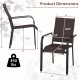 Stackable outdoor armchair with a breathable mesh seat, heavy-duty metal frame, and dimensions for patio use.