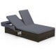 Patio double chaise lounge with gray cushions, adjustable backrests, and folding side trays for backyard relaxation.
