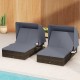Patio double chaise lounge in gray with adjustable backrests, retractable canopy, and folding side trays for poolside.