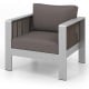 Aluminum armchair with thick brown cushion, featuring a rustproof frame and modern design for outdoor relaxation.