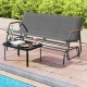 Patio glider bench with curved teak armrests and breathable fabric seat, perfect for poolside relaxation.
