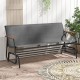 Patio glider bench with curved teak armrests and grey breathable fabric seat, perfect for backyard relaxation.