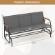 Patio glider bench dimensions showing a grey breathable fabric seat and curved teak armrests for outdoor comfort.