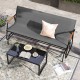 Patio glider bench with teak armrests and breathable grey fabric seat, perfect for backyard relaxation.