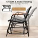 Patio glider bench with curved teak armrests and breathable fabric seat, showcasing smooth gliding motion for outdoor.