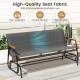 Patio glider bench with curved teak armrests and breathable grey fabric seat, perfect for outdoor relaxation.