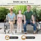Patio glider bench for 3 people with curved teak armrests and breathable fabric, perfect for backyard relaxation.