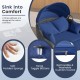 Patio PE rattan daybed features a retractable canopy, soft navy cushions, and four throw pillows for ultimate comfort.