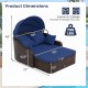 Patio PE rattan daybed with retractable canopy, navy cushions, and dimensions of 73" x 48" x 12" for outdoor relaxation.