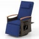 Navy patio rattan swivel recliner chair showcasing wood armrests and soft cushion, ideal for backyard comfort.