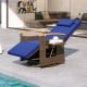 Navy patio rattan 360° swivel recliner chair with adjustable backrest and footrest, ideal for poolside relaxation.
