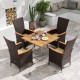 High-back rattan dining chairs set with acacia wood armrests and beige cushions, perfect for outdoor dining.