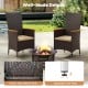 High backrest rattan dining chair set with beige cushions and acacia wood armrests for outdoor comfort and style.