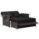 Patio rattan daybed in black with adjustable backrest, soft cushions, and retractable side trays for outdoor relaxation.