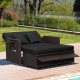 Patio rattan daybed in black with adjustable backrest and retractable side trays, perfect for outdoor relaxation.